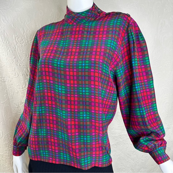 Liz Claiborne VTG Silk Houndstooth Plaid Bright Multicolor Mock Neck Blouse - Picture 1 of 13